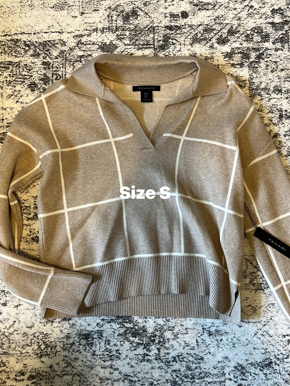 Tahari Taupe and White Windowpane V-Neck Sweater